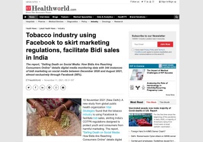 The report, “Selling Death on Social Media: How Bidis Are Reaching Consumers Online” details digital media monitoring data with 344 instances of bidi marketing on social media between December 2020 and August 2021, almost exclusively through Facebook (98%).